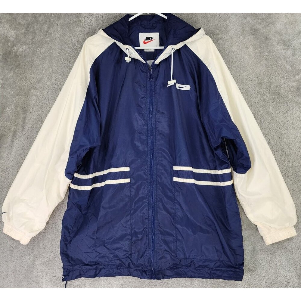 Nike Jacket Mens Medium Blue White Full Zip Hooded Windbreaker 90s Vintage